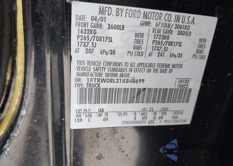 2001 Ford F-150 King Ranch Edition/Lariat/Xlt from USA, damaged, VIN 1FTRW08L31KB48699